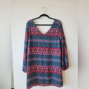 Charming Charlie Vibrant Patterned Long Sleeve Dress Cold Shoulder